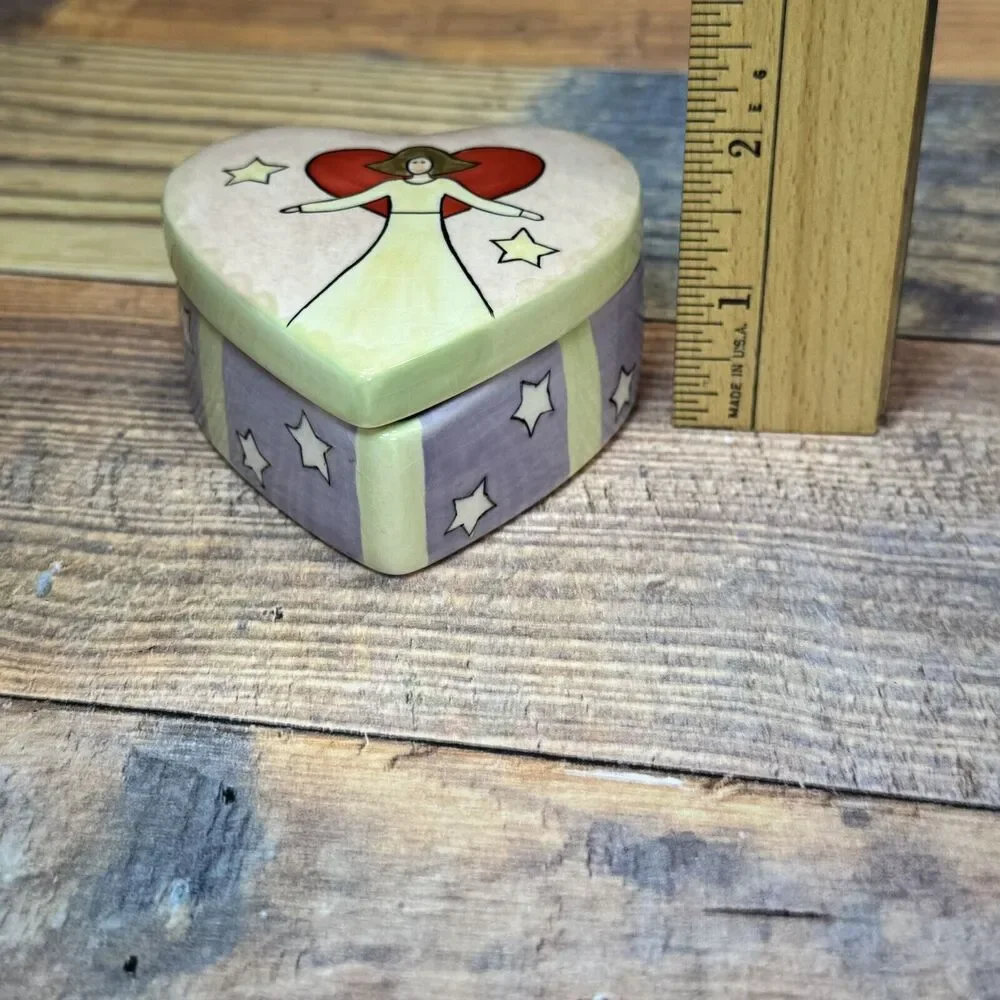 Russ Berrie Angel Painted Heart Shaped Ceramic‎ Trinket Jewelry Box Harmony